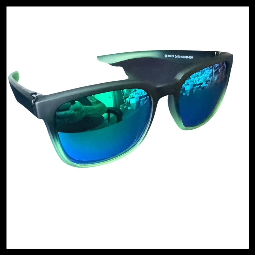NWOT Polarized Green Mirror‎ Sunglasses Black Lime Gradient Square Frame UV400